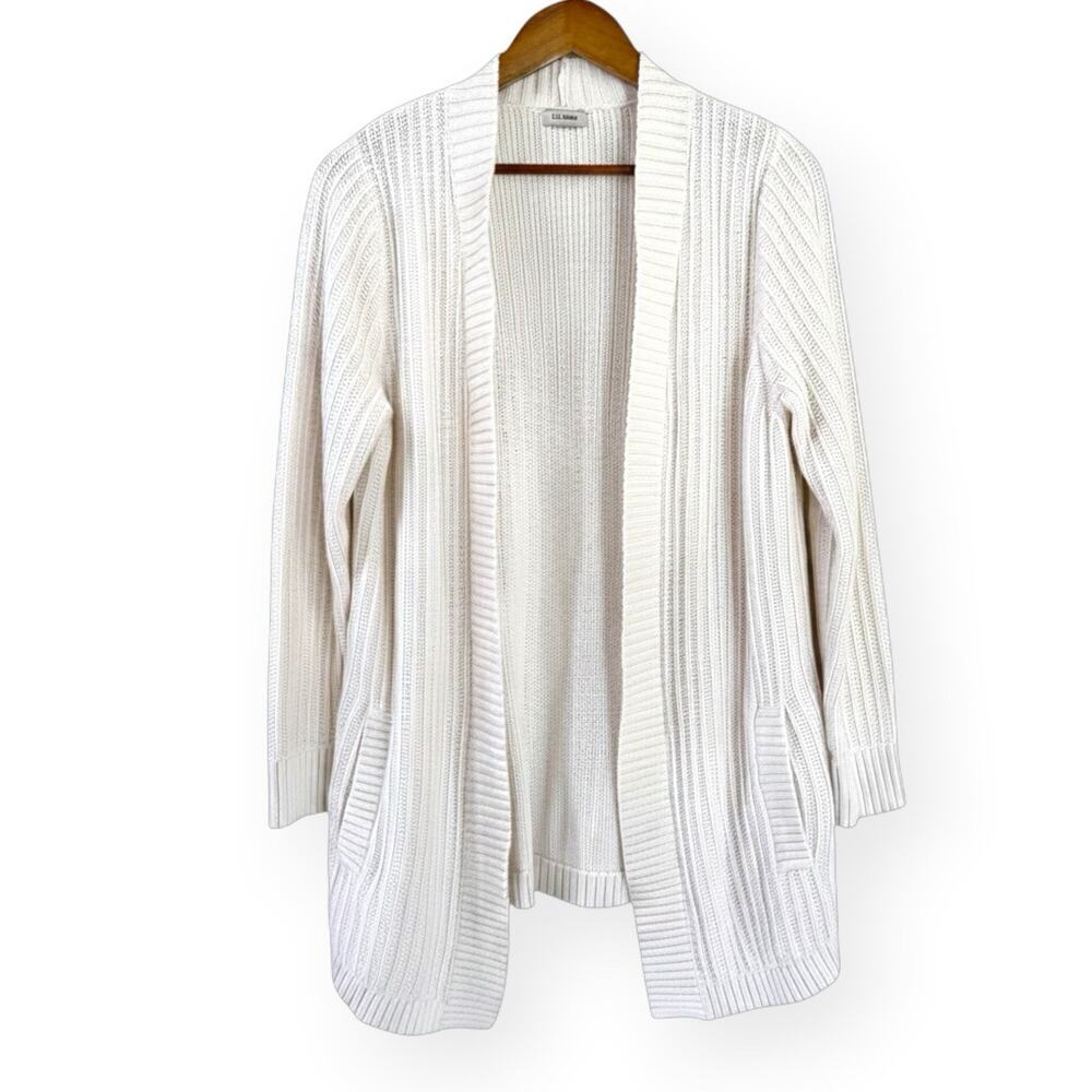 LL Bean Ivory Open Front Cotton Cardigan Womens S Ribbed Knit Coastal Preppy
